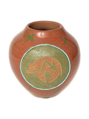 Pottery with incised bear & inlaid turquoise by Russell Sanchez (San Ildefonso)