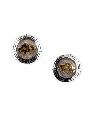 SILVER & YELLOW GOLD BUFFALO EARRINGS BY ROBERT TAYLOR (NAVAJO)