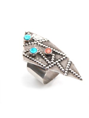 SILVER, TURQUOISE & CORAL RING BY DYLAN POBLANO (ZUNI)