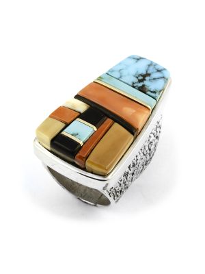 SILVER MULTI-STONE & GOLD ACCENT RING BY EDISON CUMMINGS (NAVAJO)