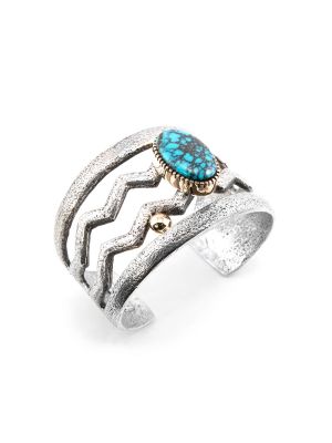 SILVER, GOLD & CANDELERIA TURQUOISE CUFF BY EDISON CUMMINGS (NAVAJO)
