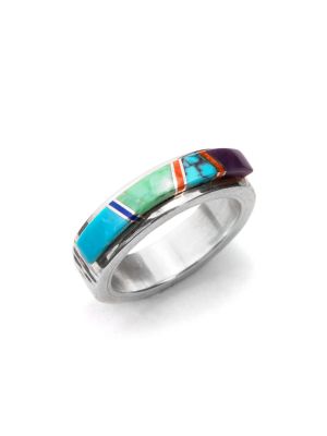 SILVER MULTI-STONE INLAY RING BY EARL PLUMMER (NAVAJO)