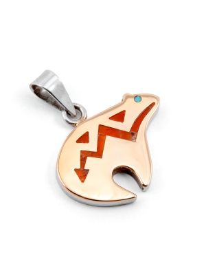 SILVER & GOLD OVERLAY TURQUOISE & CORAL BEAR PENDANT BY ROBERT TAYLOR (NAVAJO)