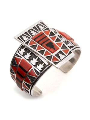 CORAL, JET & SILVER CUFF BRACELET BY ABRAHAM BEGAY (NAVAJO)