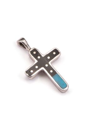 SILVER MULTI-STONE INLAY CROSS PENDANT BY JIMMY POYER (NAVAJO)