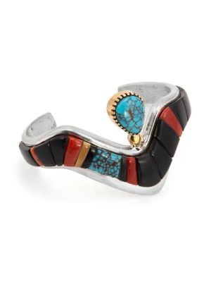 SILVER, GOLD ACCENT & MULTI-STONE CUFF BRACELET BY EDISON CUMMINGS (NAVAJO)