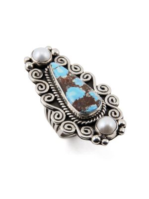 SILVER, PEARL & TURQUOISE RING BY ERICK BEGAY (NAVAJO)