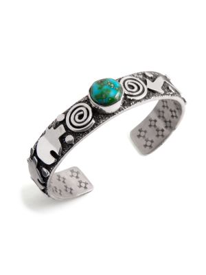 SILVER & TURQUOISE PETROGLYPH CUFF BRACELET BY ALEX SANCHEZ (NAVAJO/ZUNI)