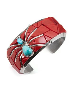 SILVER, ROSARITA & TURQUOISE SPIDER CUFF BRACELET BY CAUSANDRA DUKEPOO (TAOS)