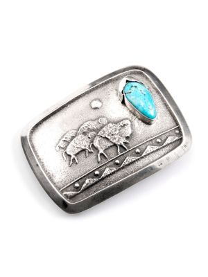 SILVER & TURQUOISE BUFFALO BELT BUCKLE BY ANTHONY LOVATO (SANTO DOMINGO)