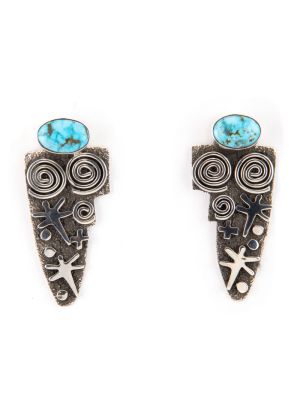 SILVER & TURQUOISE PETROGLYPH EARRINGS BY ALEX SANCHEZ (ZUNI/NAVAJO)
