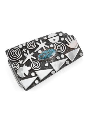 SILVER & TURQUOISE PETROGLYPH BELT BUCKLE BY ALEX SANCHEZ (NAVAJO/ZUNI)