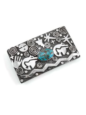 SILVER & TURQUOISE PETROGLYPH BELT BUCKLY BY ALEX SANCHEZ (NAVAJO/ZUNI)
