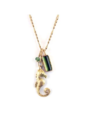 GOLD, PREIDOT & TOURMALINE SEAHORSE NECKLACE BY HEIDI BIGKNIFE (SHAWNEE)