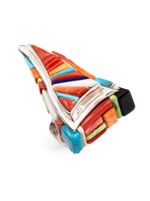 SILVER & MULTI-STONE INLAY RING BY DAVID TUNE (NAVAJO)