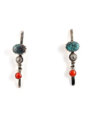 SILVER, TURQUOISE & CORAL EARRINGS BY VERNON BEGAYE (NAVAJO)