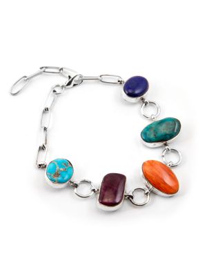SILVER & MULTI-STONE LINK BRACELET BY MILDRED PARKHURST (NAVAJO)