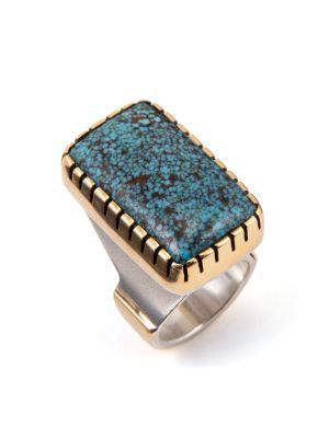 SILVER, GOLD & NEVADA TURQUOISE RING BY CHARLES LOLOMA (HOPI)